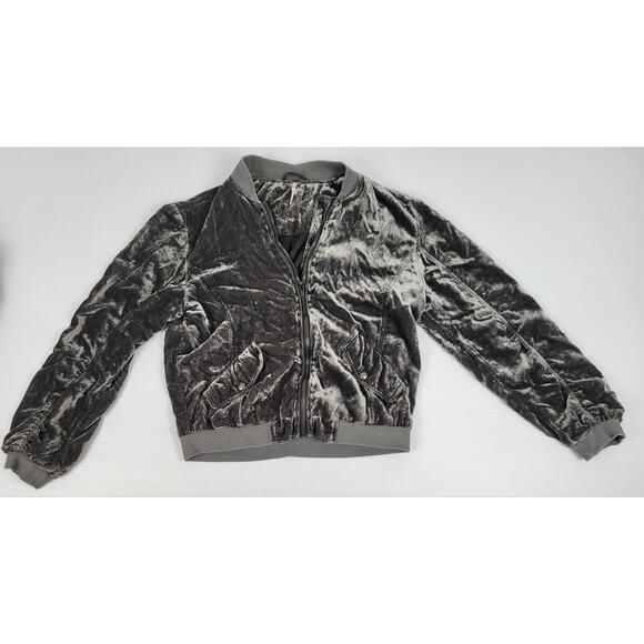 Free People Womens Small Velour Gray Jacket Ruched Velvet Bomber Shiny Retro - Picture 1 of 9